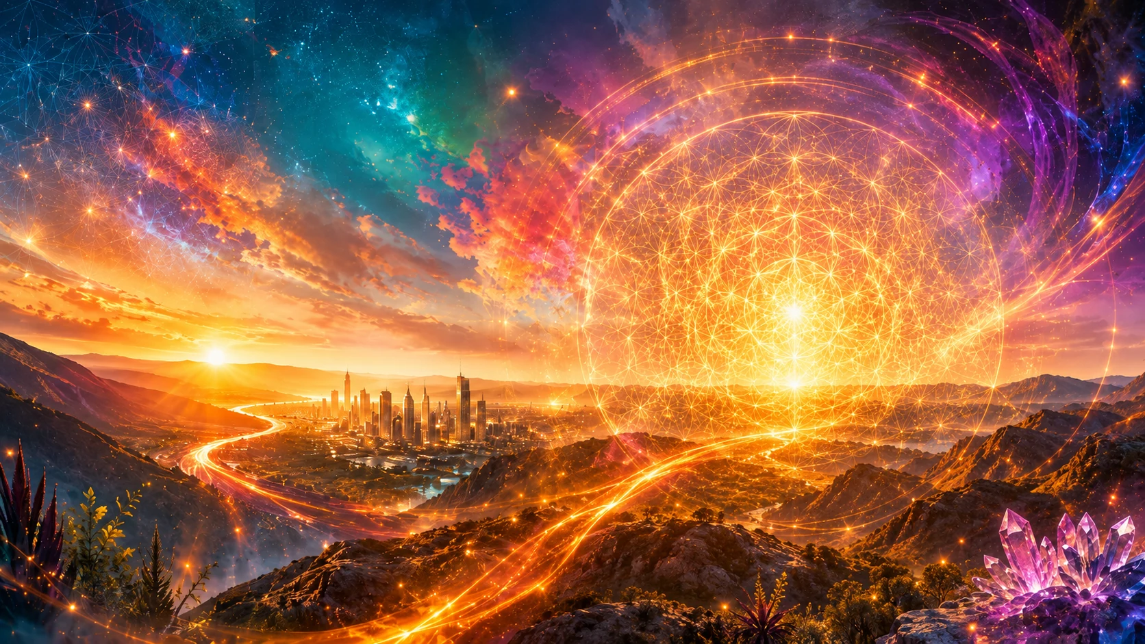 Paesaggio cosmico con percorsi luminosi, montagne e geometrie sacre